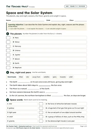 Page 1 of the Space and the Solar System worksheet