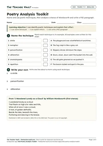 Page 1 of the Poetry Analysis Toolkit worksheet