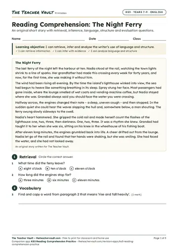 Page 1 of the Reading Comprehension: The Night Ferry worksheet