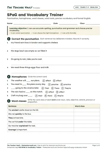Page 1 of the SPaG and Vocabulary Trainer worksheet