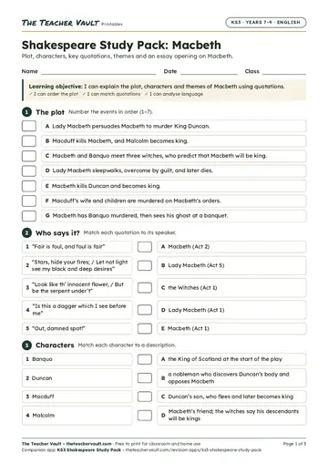 Page 1 of the Shakespeare Study Pack: Macbeth worksheet
