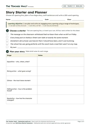 Page 1 of the Story Starter and Planner worksheet