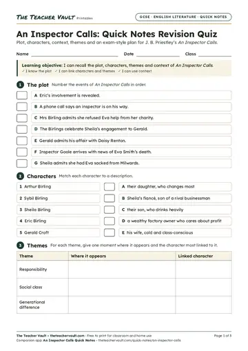 Page 1 of the An Inspector Calls: Quick Notes Revision Quiz worksheet