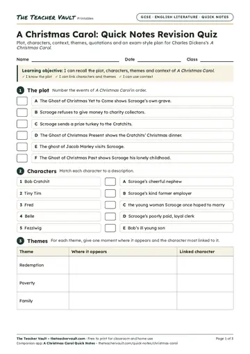 Page 1 of the A Christmas Carol: Quick Notes Revision Quiz worksheet