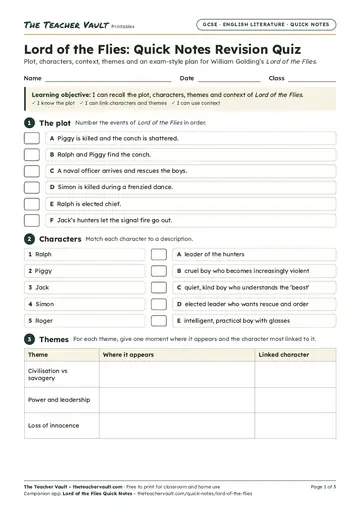 Page 1 of the Lord of the Flies: Quick Notes Revision Quiz worksheet