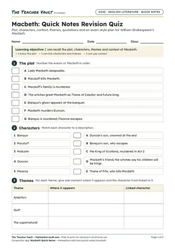 Page 1 of the Macbeth: Quick Notes Revision Quiz worksheet
